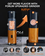 FORLIM Gravity Electric Salt and Pepper Grinder Set, Upgraded Large Capacity, USB Rechargeable Pepper grinder Automatic One Hand Operated, Adjustable Coarseness with LED Light（Natural Wood Grain）