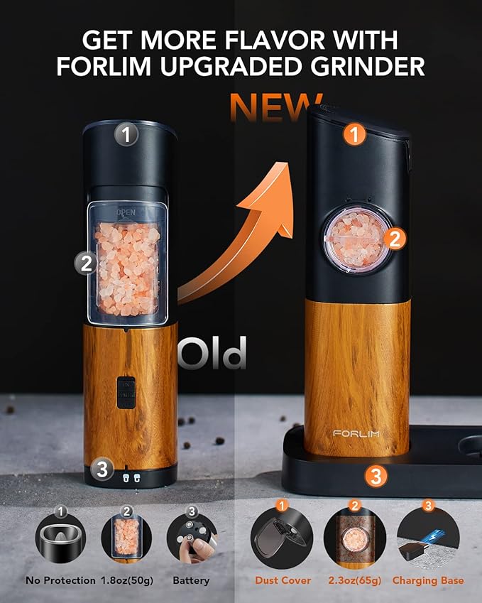 FORLIM Gravity Electric Salt and Pepper Grinder Set, Upgraded Large Capacity, USB Rechargeable Pepper grinder Automatic One Hand Operated, Adjustable Coarseness with LED Light（Natural Wood Grain）