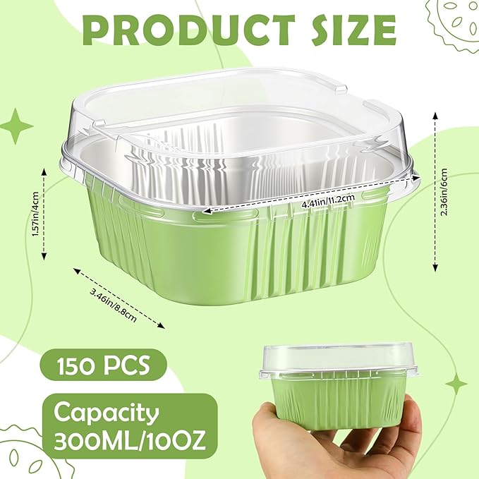 Aoriher 150 Pieces 10 oz Mini Cake Pans with Lids Aluminum Foil Baking Cups Square Disposable 4 x 4 Large Cupcake Cups Baking Tins for Kitchen Brownie Pudding Desserts Holders(Light Green)