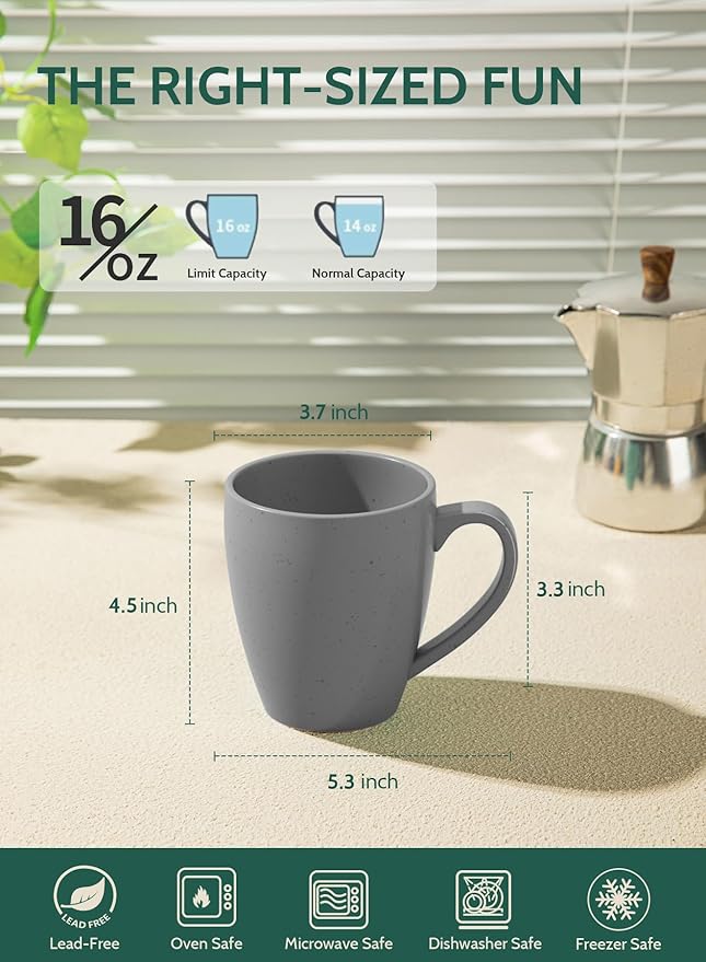 Sweese Porcelain Mugs - 16 Ounce (Top to the Rim) for Coffee, Tea, Cocoa, Set of 4, Neutral Colors