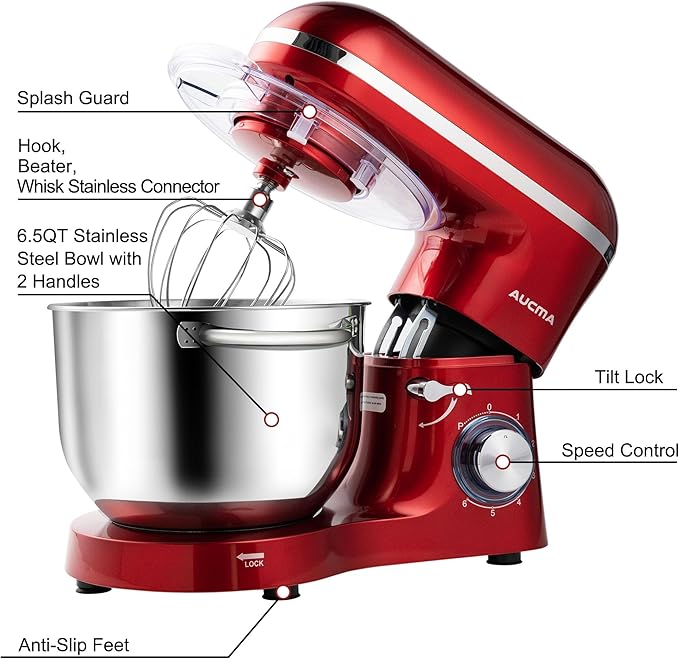 Aucma Stand Mixer,6.5-QT 660W 6-Speed Tilt-Head Food Mixer, Kitchen Electric Mixer with Dough Hook, Wire Whip & Beater 2 Layer Red Painting (6.5QT, Red)