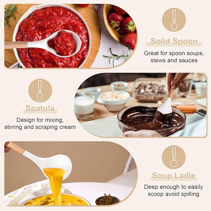 P&P CHEF Cooking Utensils Set, 6 PCS Kitchen Utensils with Wooden Handle, Silicone Spatula for Nonstick Cookware, Easy Clean & Non-toxic, White