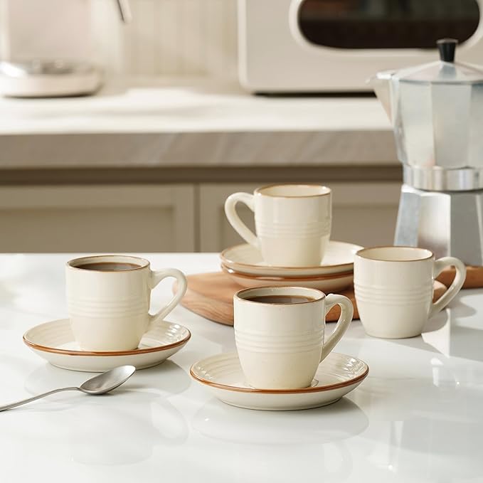 famiware Jupiter Espresso Cups and Saucers Set of 4, 3 oz Ceramic Small Coffee Mug with Handle, Spiral Stoneware Demitasse Cup for Tea, Latte, Cafe - Microwave & Dishwasher Safe, Vanilla White