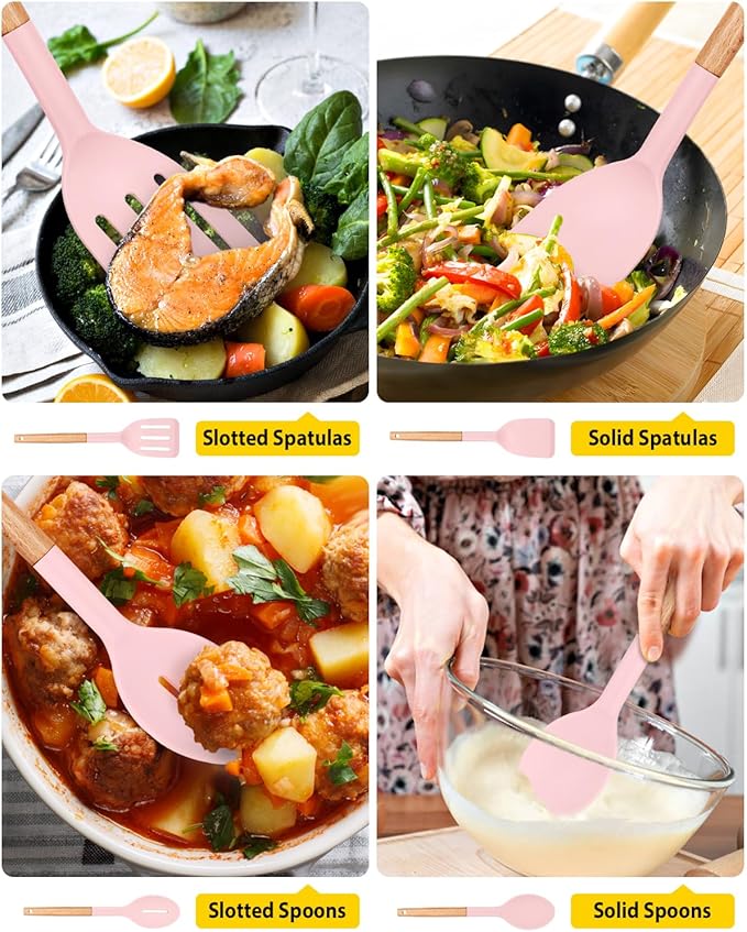 Pack of 4 Silicone Cooking Utensils Set, Non Stick Solid Spatulas and Heat Resistant Slotted Spoons with Wooden Handle, Ideal Wood Kitchen Utensils Set for Frying,Serving,Turning,Stirring (PINK)