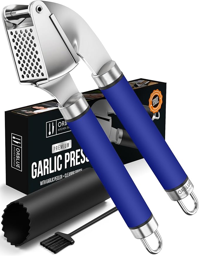 ORBLUE Garlic Press Stainless Steel - Premium Professional Grade Garlic Mincer, Crusher & Peeler Set - Easy Clean, Dishwasher Safe & Rust-proof, Blue