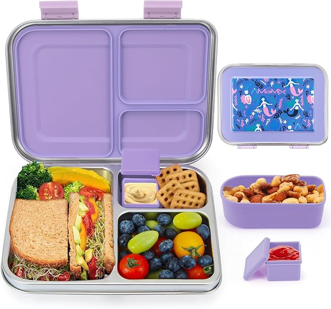 MaMix Kids Lunch Box Stainless Steel,3 Compartments Leak-Proof Bento Box for Kids for Sandwich, Lunch Containers Freezer Safe (purple)