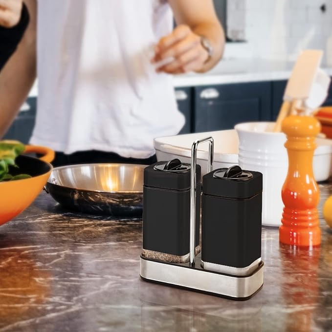 Black Salt and Pepper Shakers Set with Holder, Salt Shaker with Adjustable Pour Holes, Stainless Steel Refillable Spice Dispenser by Aelga