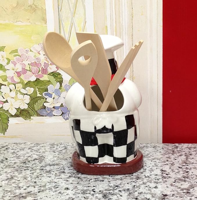 ACK Fat Chef Hand Painted Ceramic Utensil Jar, Utensil Holder, Utensil Crock, Modern Kitchen Decor, Kitchen Storage for for Spoon, Ladle, Spatula and More