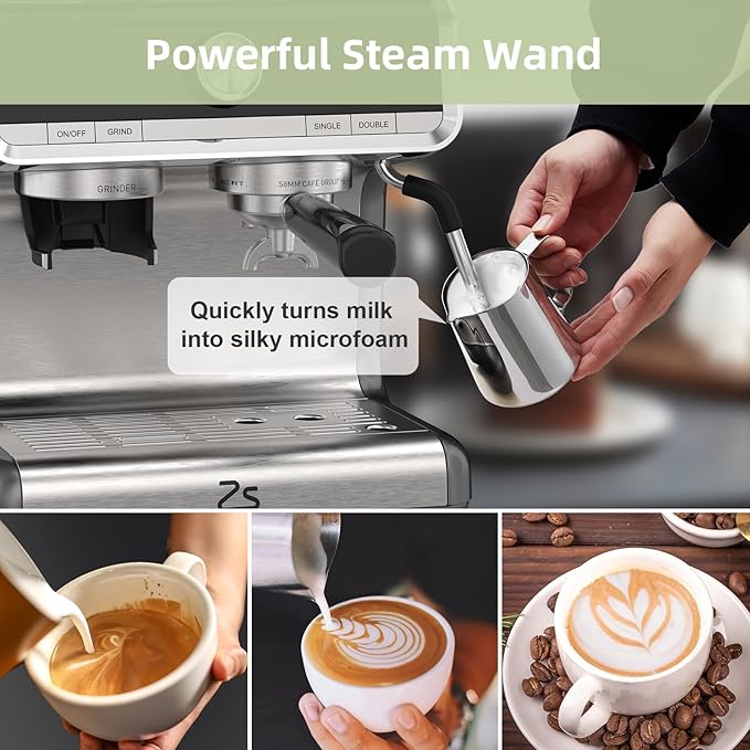Semi-Automatic Espresso Machine, 20 Bar Professional Coffee Maker with Grinder, 1450W Fast Heating, 30 Grind Settings, Milk Frother Steam Wand, 2.8L Water Tank,Home & Kitchen Espresso Machines, Silver