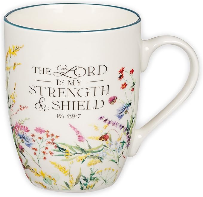 Christian Art Gifts Inspirational Ceramic Coffee & Tea Scripture Mug for Women: Lord is My Strength Encouraging Bible Verse Psalm, Cute Microwave & Dishwasher Safe Cup, White Multicolor Floral, 12 oz.