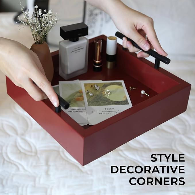 Set of 2 Serving Tray with Handles - for Coffee Table, Breakfast, Dinner Kitchen Living Room Bedroom, Home Decor for All Occasions, Red, Size S+M