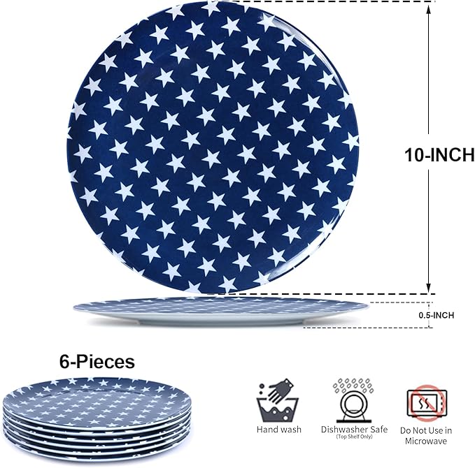 White Melamine Dinner Plates,6pcs Dishes Set,10inch Lightweight Round Plates,Scratch Resistant Unbreakable Serving Dishes,Star