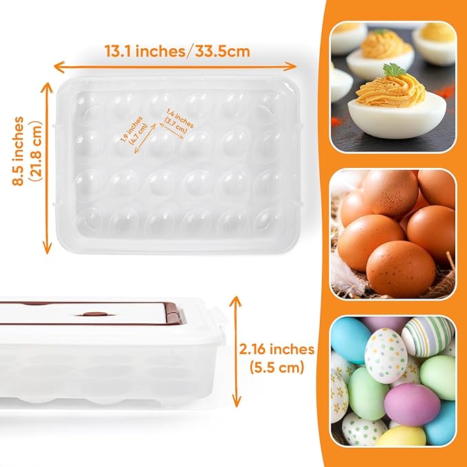 Deviled Egg Containers with Lid, (Set of 2), Plastic Deviled Egg Tray Carrier with Handle for 48 Eggs, Clear Storage Egg Platter for Devil Egg, Fridge Stackable Portable Egg Holder