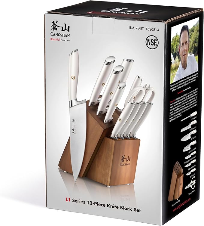 Cangshan L Series Knife Block Sets, Forged German Steel (12-Piece 4 Steak Knives, White)