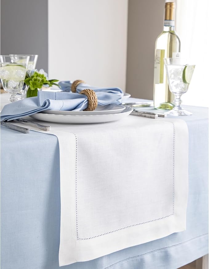 Solino Home Linen White Table Runner 72 Inches Long - 100% Pure Linen Hemstitch Table Runner 14 x 72 Inch for Dresser, Dining, Summer, Fall, Autumn, Halloween - Classic Hemstitch