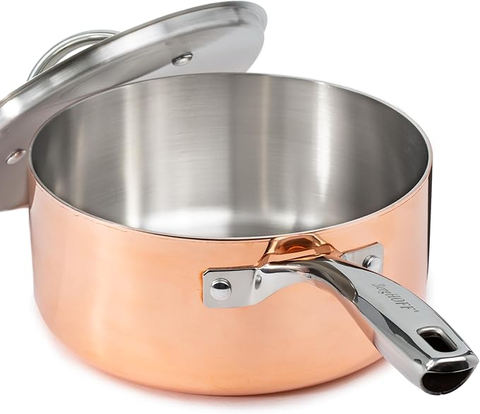 BergHOFF Vintage 5Pc Tri-Ply Copper 18/10 Stainless Steel Cookware Large Sized Set With Matching Lids, Polished, Long Ergonomic Shaped Handle, 3-layer Base, Gold