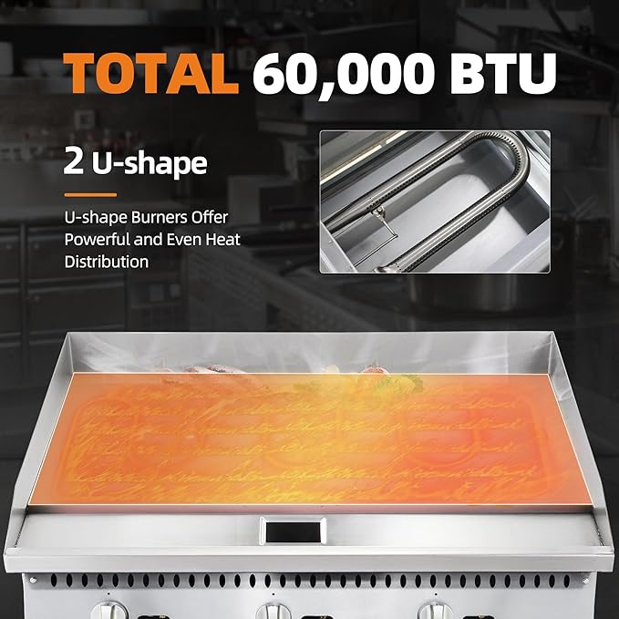 24" Commercial Countertop Griddle, 2 Burners Gas Griddle, 60000 BTU Output, Stainless Steel Flat Top Grill Hot Plate with Natural Gas and Propane Conversion Kit for Restaurant, Food Truck
