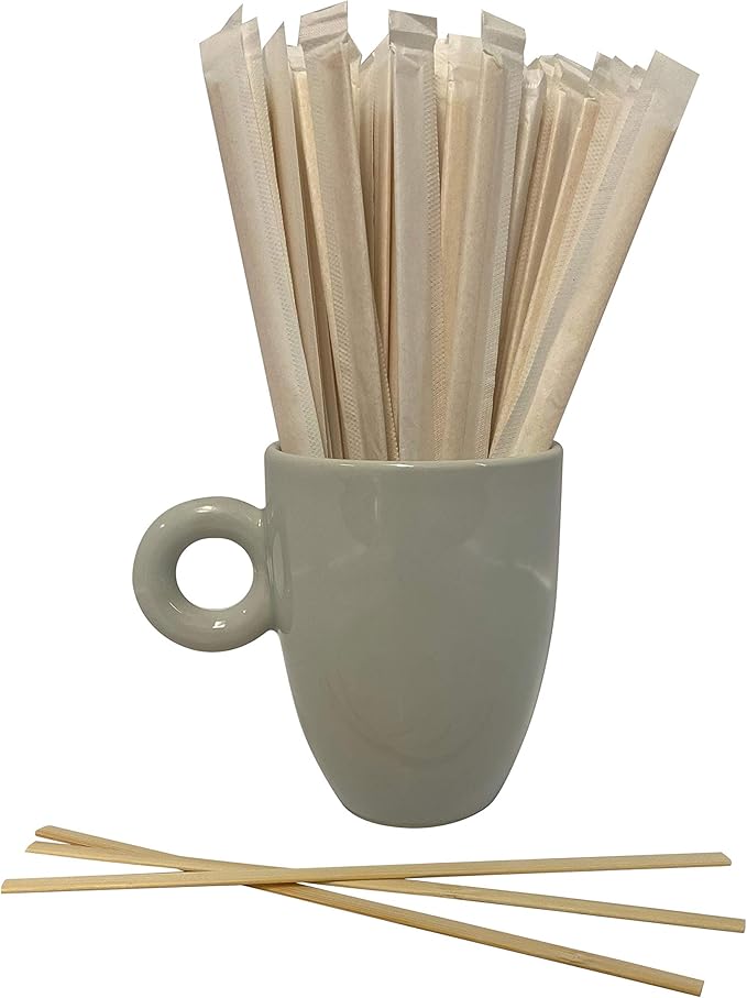 500 Count | KingSeal Individually Paper Wrapped Bamboo Coffee Stir Sticks, 7 inches, Square End, 100% Renewable and Biodegradable - 1 Box of 500 Stirrers