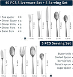 HIKAA 45-Piece Silverware Set with Serving Utensils, Heavy Duty Stainless Steel Flatware Set for 8 with Serving Utensils, Matte Satin Cutlery Set Dishwasher Safe