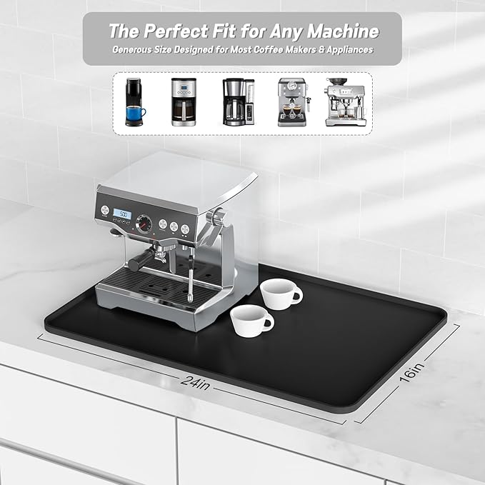 Silicone Coffee Mat,24×16" Waterproof Heat Resistant Bar Mat for Espresso Machine Station Accessories,Non Slip Dish Drying Mat for Kitchen Counter,Home Decor Essentials,Fit Under Coffee Maker