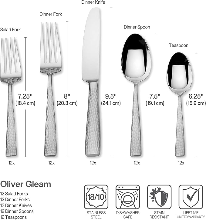 Mikasa, Oliver Gleam Flatware Service for 12, 65 Piece Set, 18/10 Stainless Steel, Silverware Set with Serving Utensils
