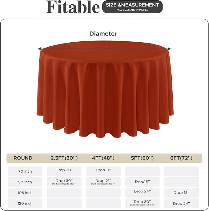 Fitable 8 Pack Round Tablecloths: Stain Resistant Wrinkle Free Circle Table Clothes, Washable Reusable Polyester Table Covers for Wedding Party Birthday Banquet Reception(Rust, 120 Inch)