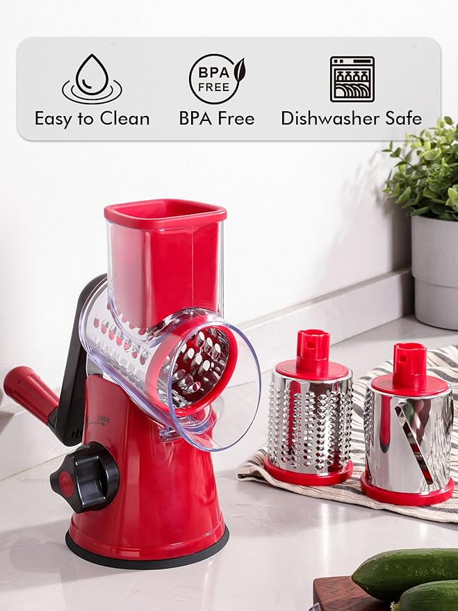 Rotary Cheese Grater with Handle - 3 in 1 Cheese Shredder Rotary Grater Stainless Steel Handheld, Vegetable Slicer for Fruit, Cheese, Nuts(Red)