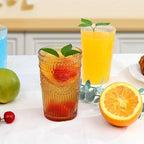 6pcs Vintage Drinking Glasses Set, 12 oz Amber Highball Glasses, Embossed Ribbed Glassware Cups for Thanksgiving Cocktail, Juice, Whiskey