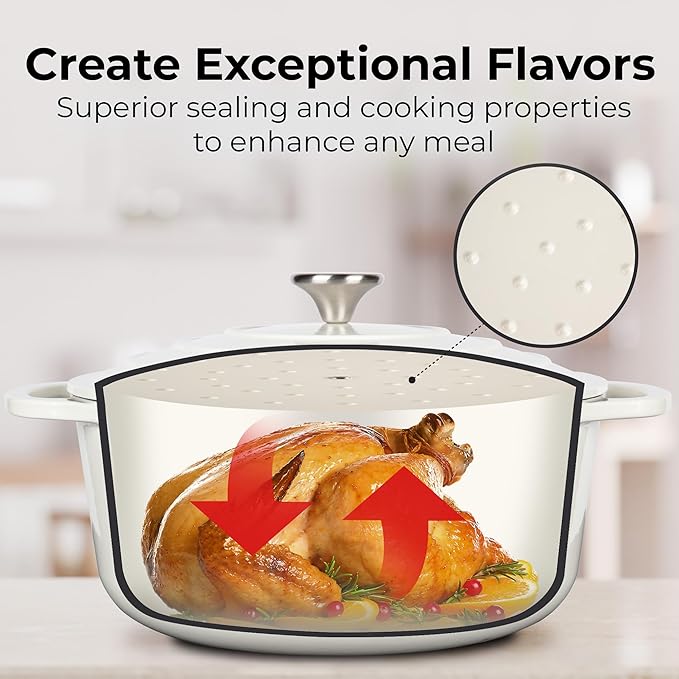 Zulay Kitchen 6 Quart Enameled Cast Iron Dutch Oven with Lid – Premium Durability & Oven Safe up to 500°F – Heavy Duty Cookware Perfect for Bread Baking, Stews, Braising & Roasting – White