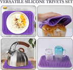 Silicone Trivet for Hot Dishes, 2 Pack Purple Heat Resistant Silicone Hot Pads Pot Holders for Kitchen Counter Non-Slip Trivets for Hot Pots and Pans, 9'' x 12'' Large Dish Drying Mat & Spoon Rest