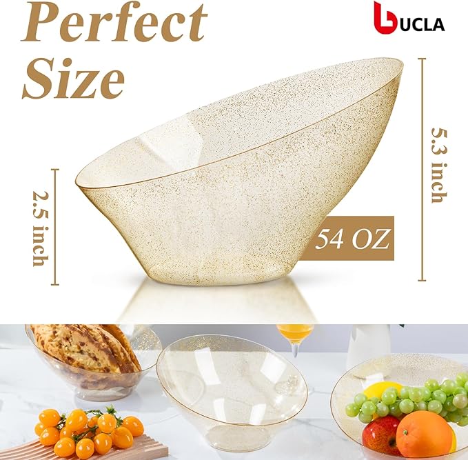 bUCLA 12 Pack Gold Glitter Plastic Serving Bowls - 54 OZ Angled Serving Bowls Disposable for Chip,Candy, Snack,Salad & Fruit - Ideal for Party & Wedding