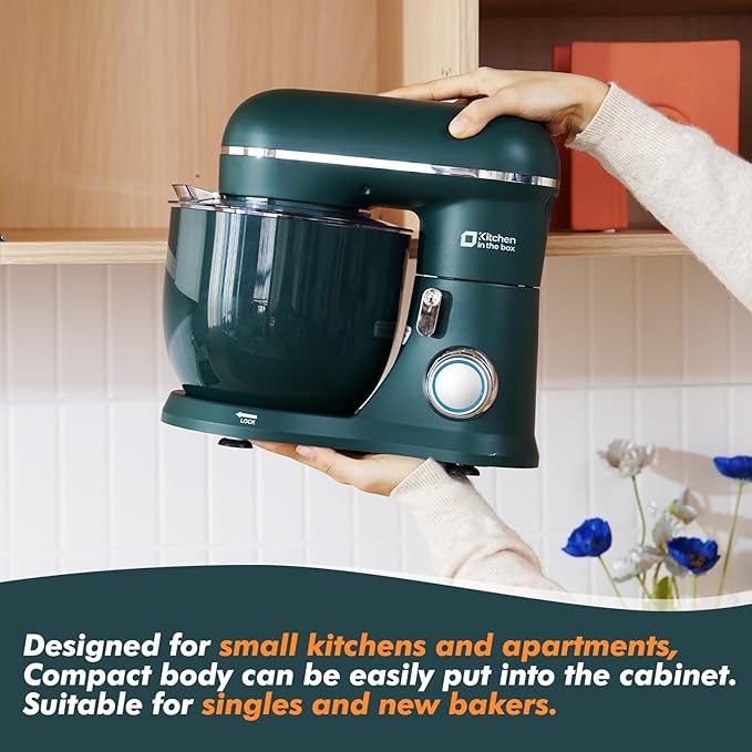 Kitchen in the Box Stand Mixer, 3.5QT Two Bowls Small Kitchen Electric Mixer, 10-Speed Portable Lightweight with Matte Finish, Egg Whisk, Dough Hook, Beater (Turquoise Green, 3.5QT)