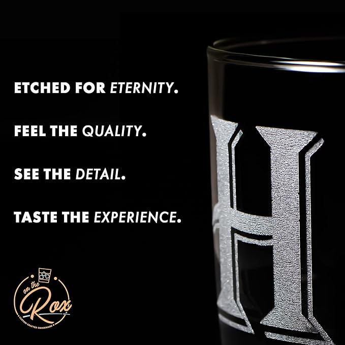 (L-Monogram)- 4 Piece Set of 11 Ounce Engraved Heavy Base Rocks Glasses Elegant Glass-Multi-Purpose Beverage-Rocks Glass- Gift for any Occasion- By: On The Rox