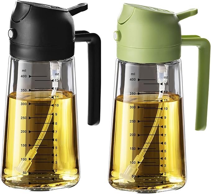 TrendPlain 16oz/470ml Glass Olive Oil Sprayer for Cooking – 2 in 1 Olive Oil Dispenser Bottle for Kitchen Gadgets and Air Fryer Accessories, Salad, BBQ - Black & Green