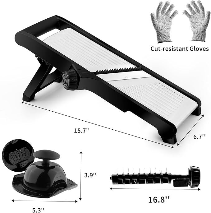 Mandoline Slicer, Adjustable Mandoline Slicer for Kitchen, Stainless Steel Mandolin Vegetable Chopper for Potato, Julienne Cutter with Cut-Resistant Gloves, Black