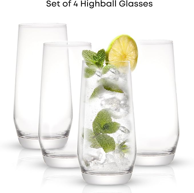 JoyJolt Gwen 18.5 oz Highball Glasses, 4pc Tall Glass Sets. Lead-Free Crystal Glass Drinking Glasses. Water Glasses, Mojito Glass Cups, Tom Collins Bar Glassware, and Mixed Drink Cocktail Glass Set