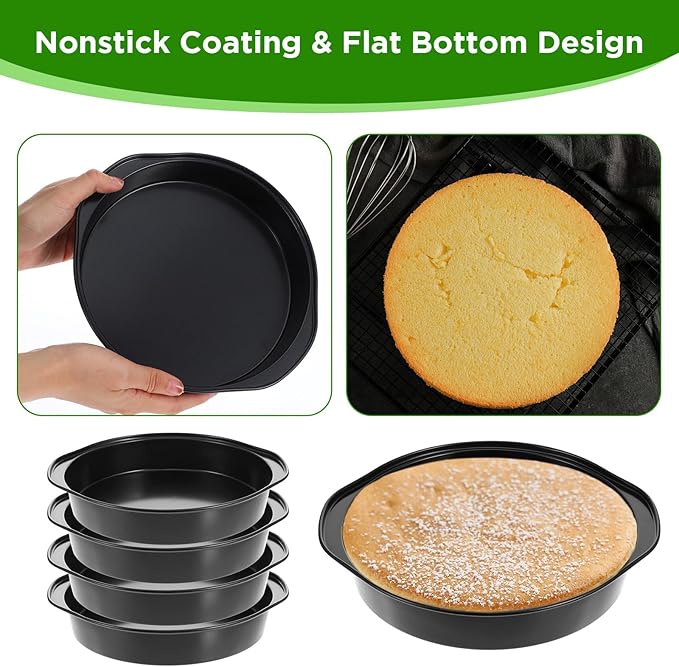 8" Round Cake Pan, 4Pcs Nonstick Cake Pans, Carbon Steel Baking Pans with Handle, Dishwasher Safe