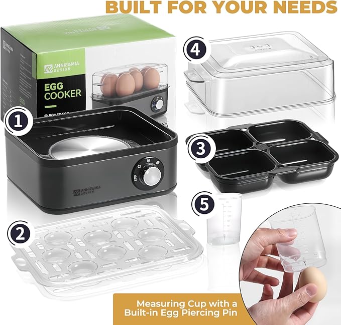 Annie & Mia Design Electric Egg Cooker, Stainless Steel 8 Egg Capacity egg boiler, 500W, Hard, Medium, Soft Boiled Egg Poacher, egg steamer, Multi-function, Knob Controled Auto Shut-Off Function