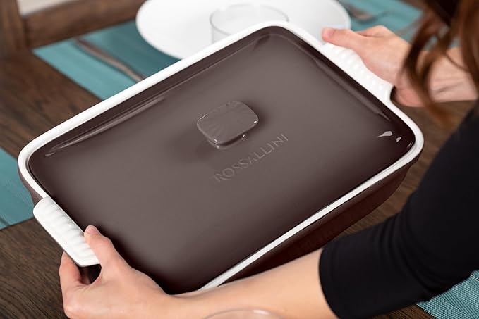 Stoneware Casserole Dish Bakeware Set with Lid, Covered Rectangular Dinnerware, Large 3.2 Quart, 11 by 9 Inch [Oyster Grey]