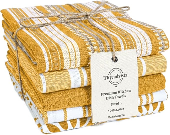 Assorted Kitchen Towels 16x26 Inch 100% Cotton Set of 5 - Dish Cloths Towels with Hanging Loop - Soft Absorbent Washable Tea Towels for Kitchen - Quick Drying Dish Towels Mustard Yellow