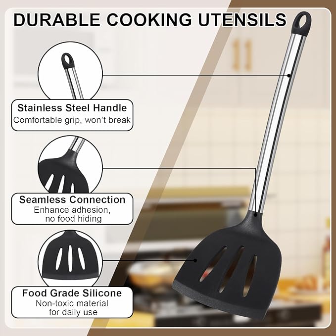 Silicone Cooking Utensils Set, Vayvnt 8 PCS Kitchen Utensils Set with Stainless Steel Handle, Heat Resistant Kitchen Tools for Nonstick Cookware, Large Spatula Spoons Turner, Dishwasher Safe, Black