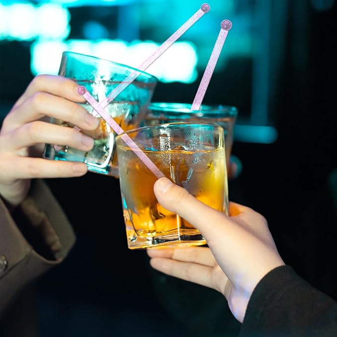 100 Pieces Disposable Plastic Round Top Clear Swizzle Sticks, Crystal Cake Stick, Cocktail Coffee Drink Stirrers Valentines Day 7.24 Inch (Pink)