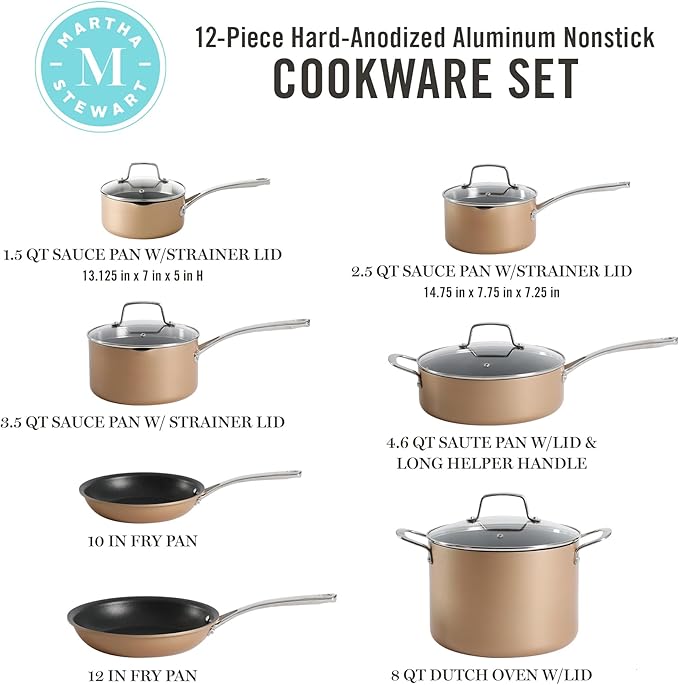 Martha Stewart 12 Piece Heavy Gauge Aluminum Hard Anodized Premium Nonstick Cookware Set, Induction Safe, Copper w/Black Interior