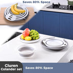 Collapsible Colander Set with Universal Draining Tray | 3-Pack Foldable Kitchen Strainers + Base | Space Saving for Pasta, Veggies, Fruit & Rice | 5 Colors (Gray-White)