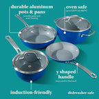 Sur La Table Kitchen Essentials 10 Piece PFA Free Titanium Ceramic Nonstick Interior Forged Aluminum Cookware Pots and Pans Set - Blue - Induction Compatible
