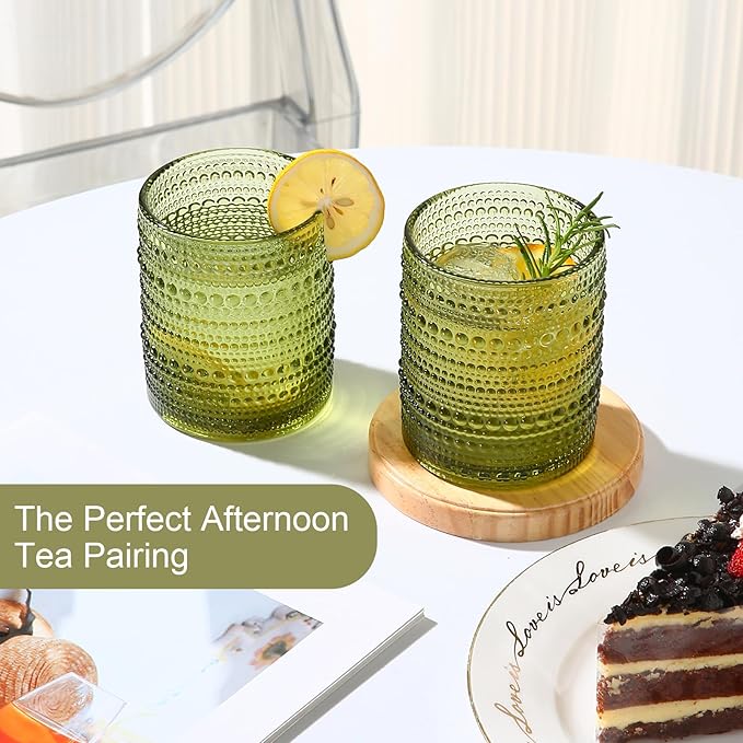 Vintage Glassware Drinking Glasses Set of 6,12 oz Hobnail Glass Cups,Embossed Green Water Tumbler,for Beer,Cocktail,Whiskey,Juice and Various Mixed Drinks- 1 Cleaning Brush