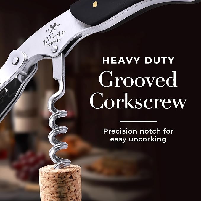 Zulay Kitchen Corkscrew Wine Opener - Premium 420 Stainless Steel & Ebony Wood Wine Bottle Opener - Double Hinged Opener with Foil Cutter & Cap Remover - Ebony Wood