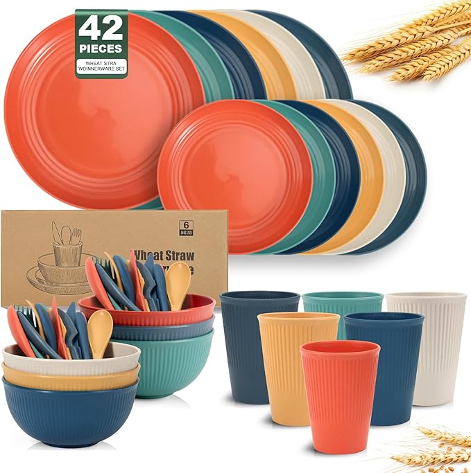 OAMCEG Wheat Straw Dinnerware Sets 42pcs, Plates and Bowls Sets for 6, Plastic Wheatstraw Dinnerware Set for Kitchen & Camping, Plates and Bowls Dish Set, Colorful