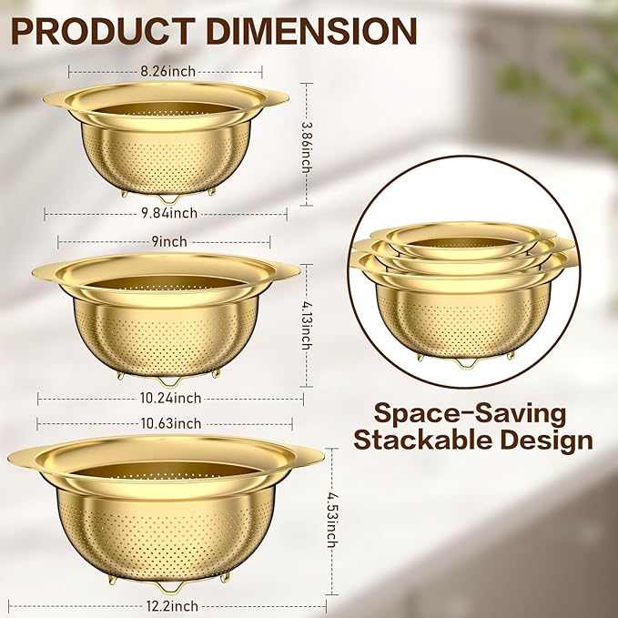 Stainless Steel Strainers for Kitchen, Stainless Steel Colander, Kitchen Strainer for Pasta Fruits Vegetables, 3 Pack Strainers and Colanders(2QT, 3QT, 5QT), Rust-Proof & Dishwasher Safe, Gold