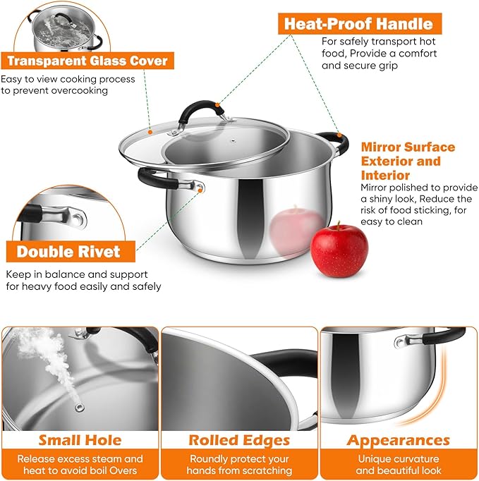 P&P CHEF Stainless Steel Stock Pot, 4 Qt Cooking Soup Pot with Visible Lid for Pasta, Tri-Ply Bottom & Dual Heatproof Handles, For Induction Gas All Stoves, Non-Toxic & Dishwasher Safe